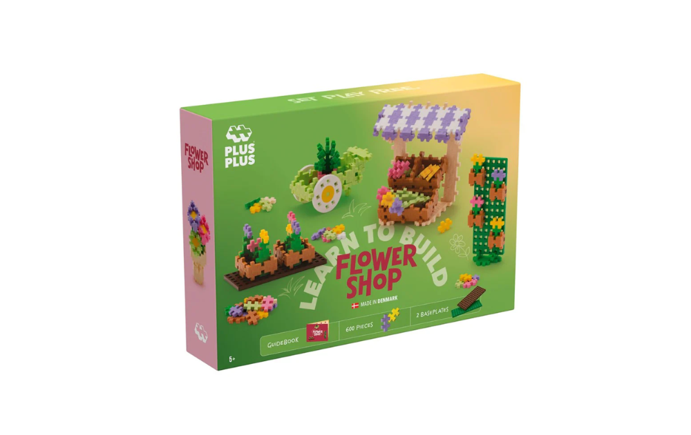 Plus Plus flower shop building set puzzle with colorful flower and shop designs for creative play