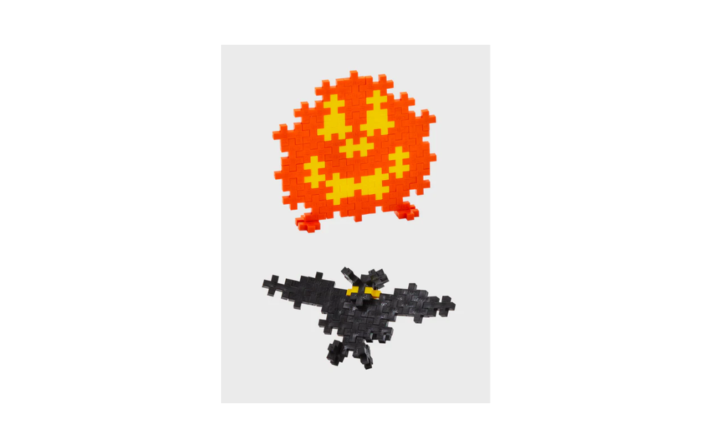 Plus Plus Halloween 100 piece tube featuring a pumpkin and bat design for festive fun