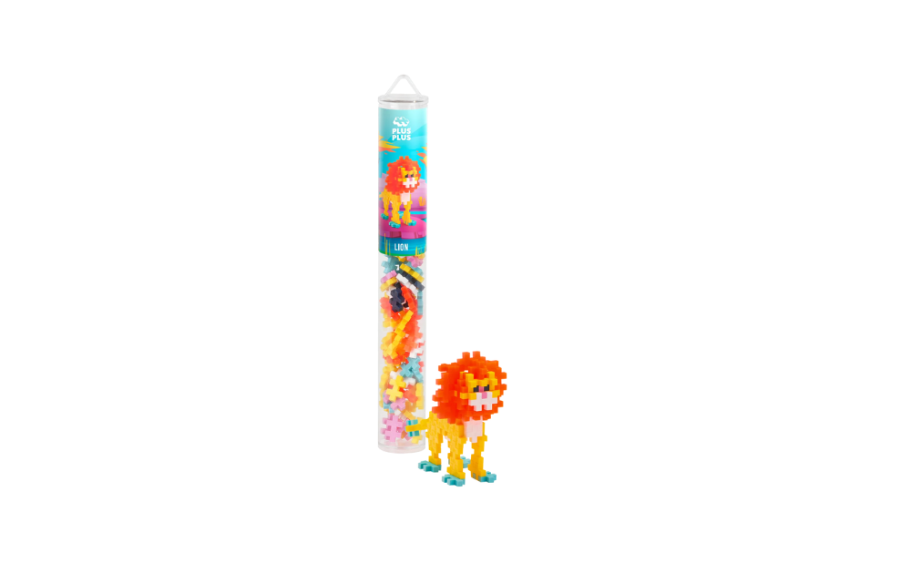 Plus Plus Lion 100 piece tube with vibrant lion build in multi-colours for creative play