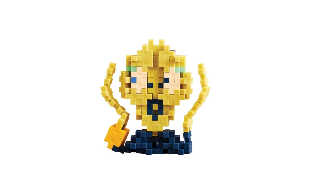 Plus Plus Inspired art puzzle yellow pixelated Scream face built with blue base and raised arms by Plus Plus