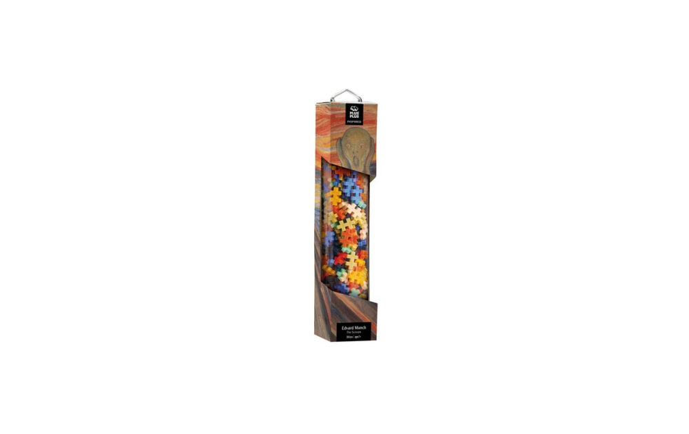 Plus Plus Inspired art puzzle in tall tube packaging showing multicoloured interlocking pieces by Plus Plus