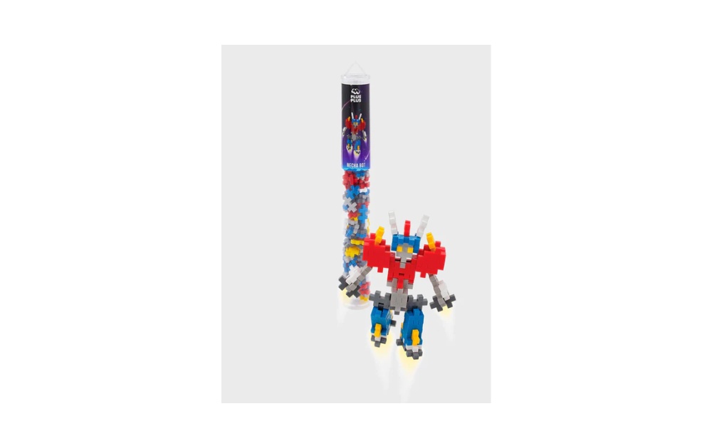 Plus Plus Mecha Bot building toy in a 100 piece tube, showcasing vibrant colors and creative design for imaginative play