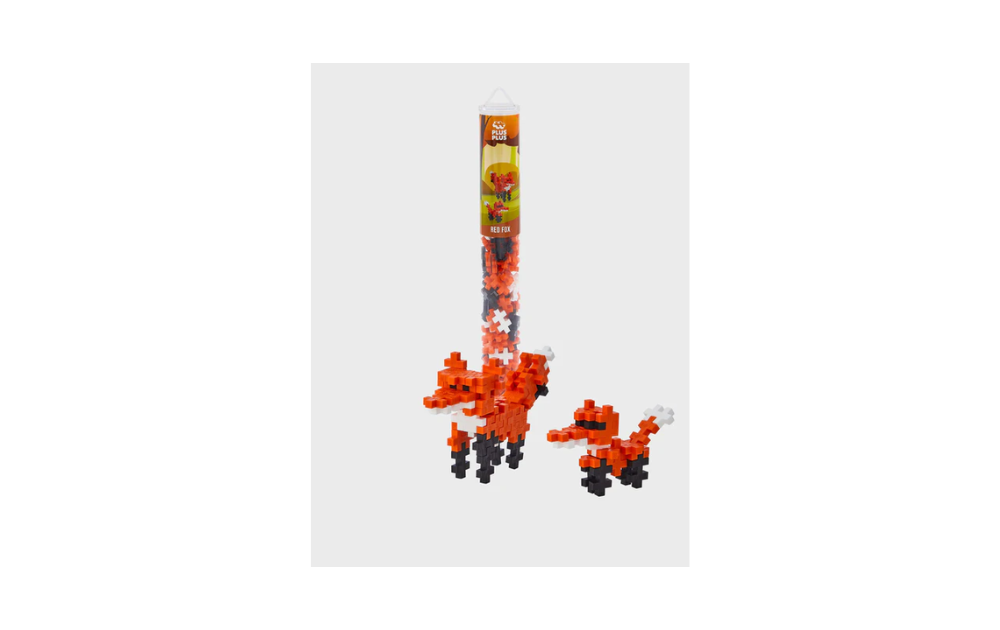 Plus Plus Red Fox 100 piece puzzle showing colorful interlocking pieces and a tube for storage