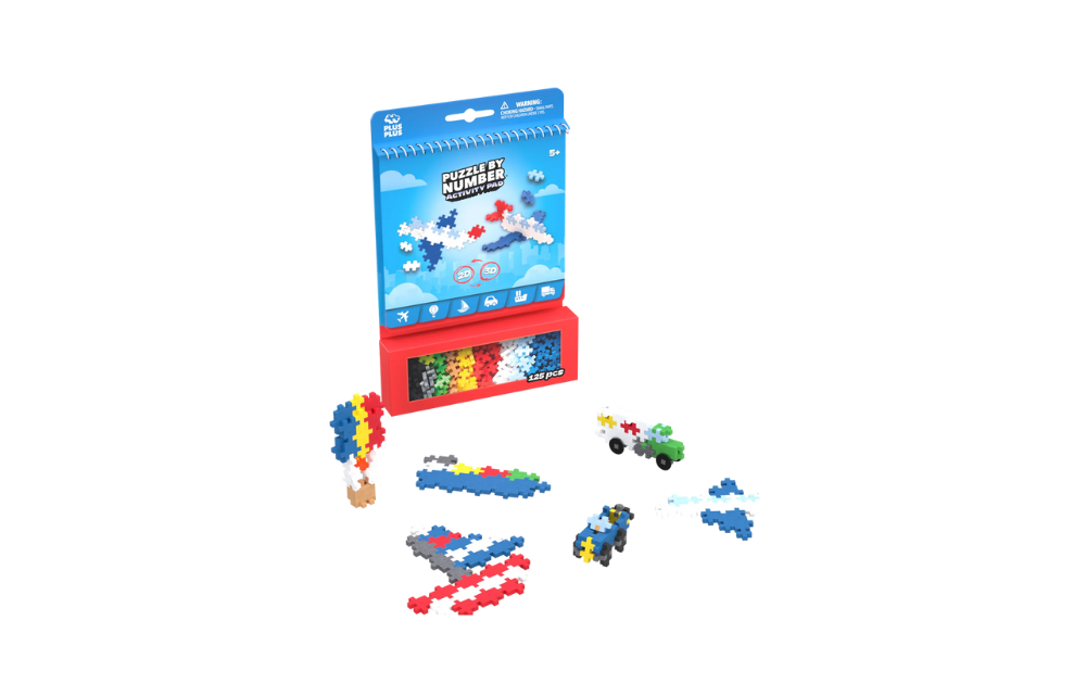 Plus Plus Transportation Activity Pad with colorful pieces for creative transport-themed building fun