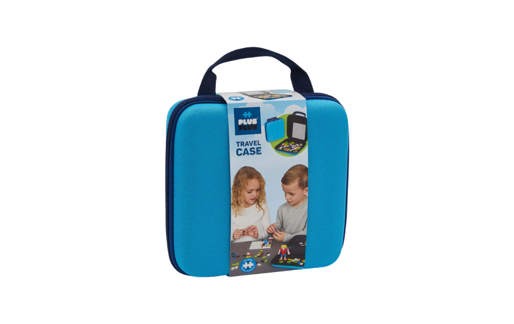 Plus Plus travel case in blue with handle for storing and carrying Plus Plus puzzle pieces