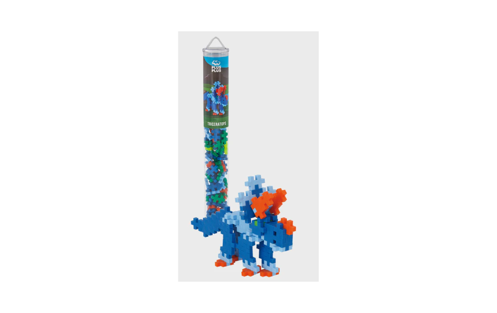 Plus Plus Triceratops building set featuring 100 colorful pieces for creative construction fun