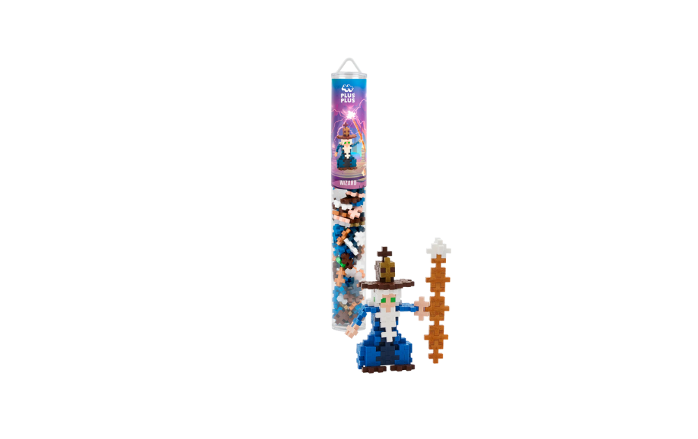 Plus Plus Wizard building set in a 100 piece tube featuring a colorful wizard figure with a staff