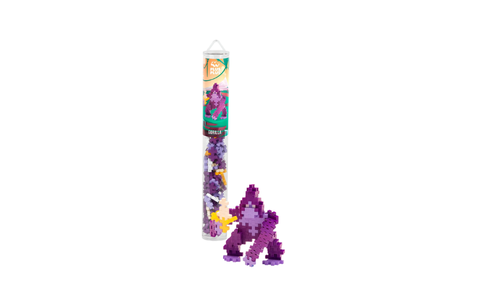 Plus Plus Gorilla 100 piece puzzle tube with purple pixel style assembled gorilla and loose pieces