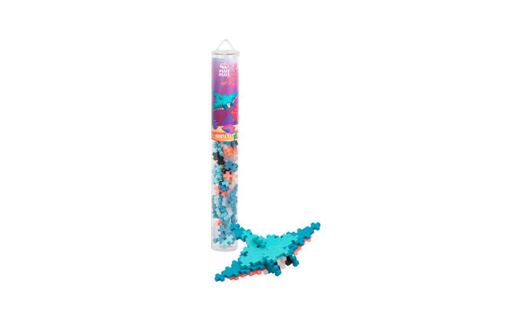 Plus Plus Manta Ray 100 piece puzzle tube packaging with assembled turquoise and coral mosaic manta ray model