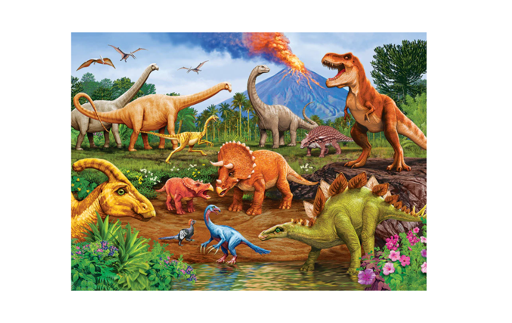 Cobble Hill colourful children's dinosaur puzzle jigsaw showing diverse dinosaurs by volcano river and lush plants