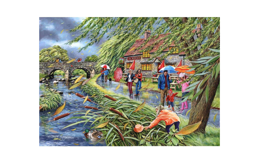 House of Puzzles Wind in the Willows jigsaw puzzle showing riverside cottages willow trees and people with umbrellas