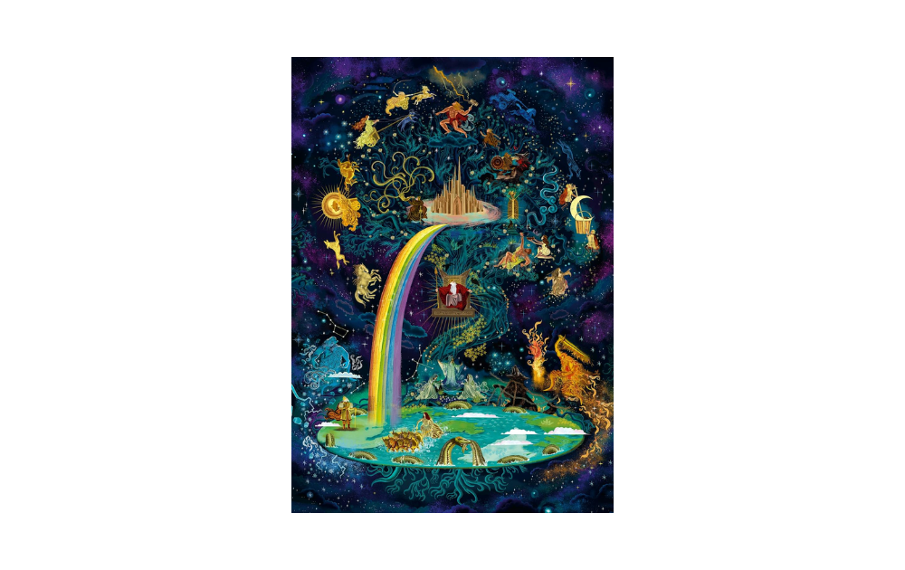 Laurence King Norse mythology jigsaw puzzle depicting Bifrost rainbow, Yggdrasil, gods and mythical creatures