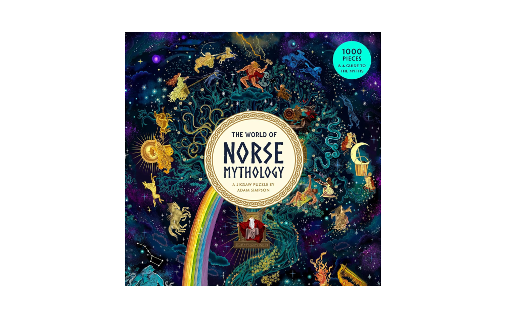 Laurence King Norse mythology jigsaw puzzle box cover with colourful cosmic Norse gods and rainbow art