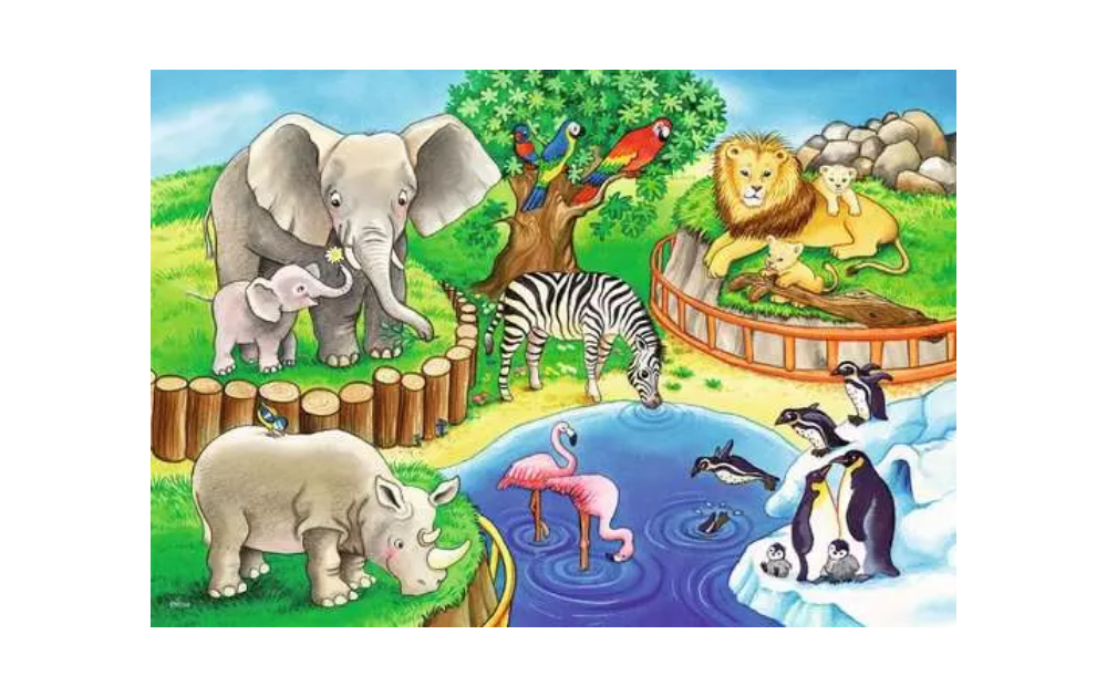 Ravensburger 2 x 12 Piece Animals in the Zoo Jigsaw Puzzles featuring elephants, rhinos, and flamingos
