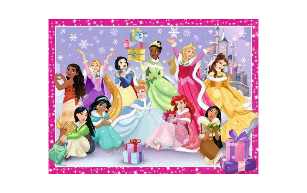 200 piece Ravensburger Christmas puzzle featuring Disney princesses celebrating with gifts and festive decorations