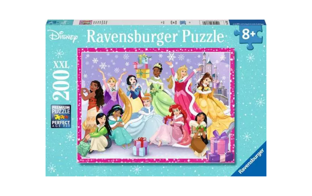 200 piece Ravensburger Christmas puzzle featuring Disney princesses in festive attire and gifts
