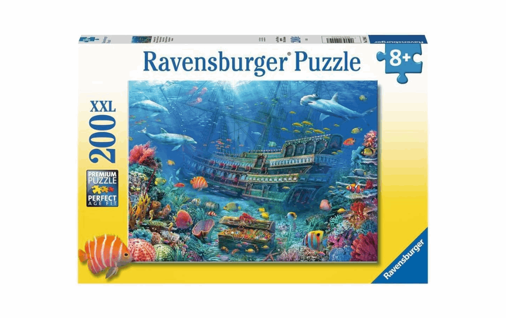 Ravensburger 200XXL Sunken Ship Puzzle featuring vibrant underwater scene with marine life and a shipwreck