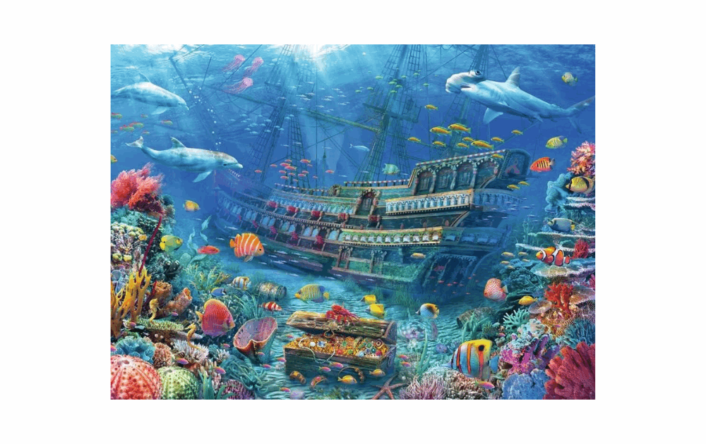 Ravensburger 200XXL Sunken Ship Puzzle featuring vibrant marine life around a colorful shipwreck