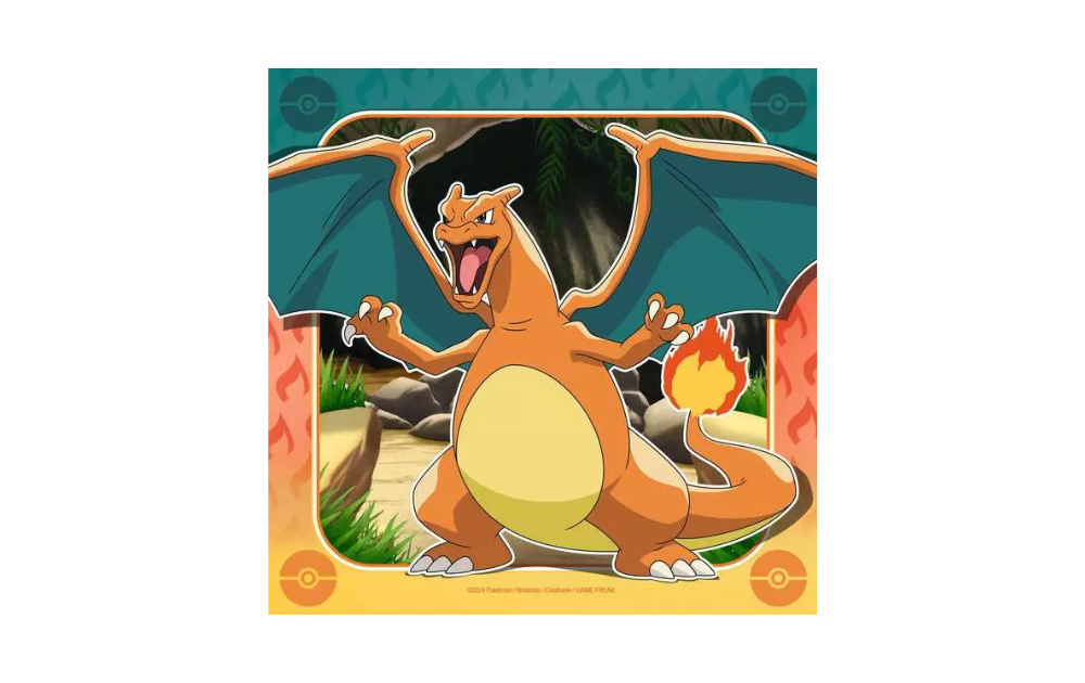 Ravensburger 3 x 49 piece Pokemon puzzle featuring Charizard in a vibrant jungle setting