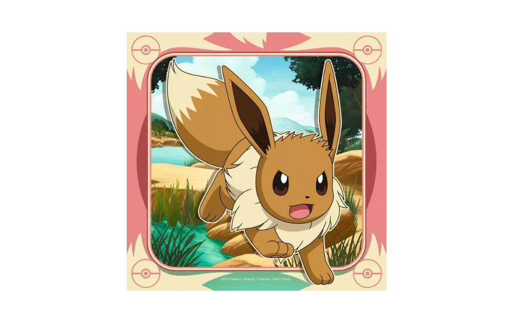 Ravensburger 3 x 49 piece Pokemon puzzle featuring an excited Eevee in a vibrant landscape