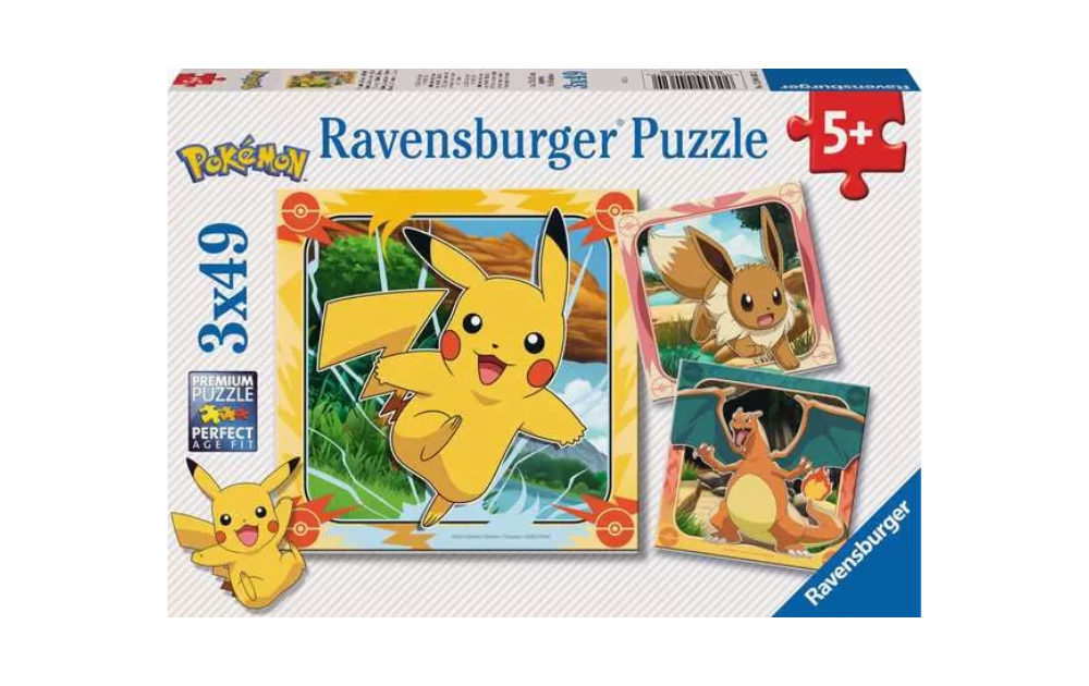 Ravensburger 3 x 49 piece Pokemon puzzle featuring Pikachu, Eevee, and Charizard for ages 5 and up