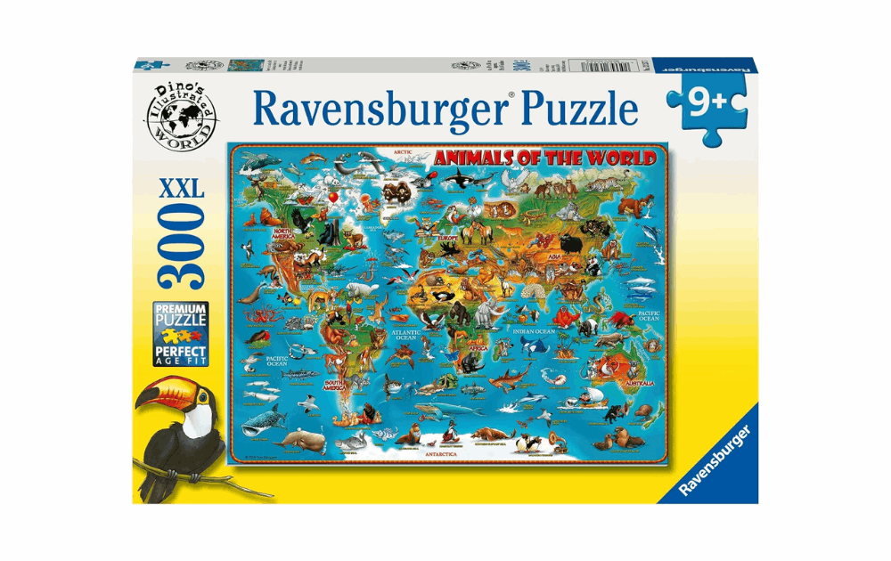 Ravensburger 300 piece animal jigsaw puzzle featuring a colorful world map with various animals