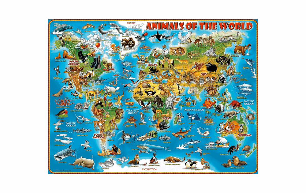 Ravensburger 300 piece animal jigsaw featuring a colorful map of animals around the world