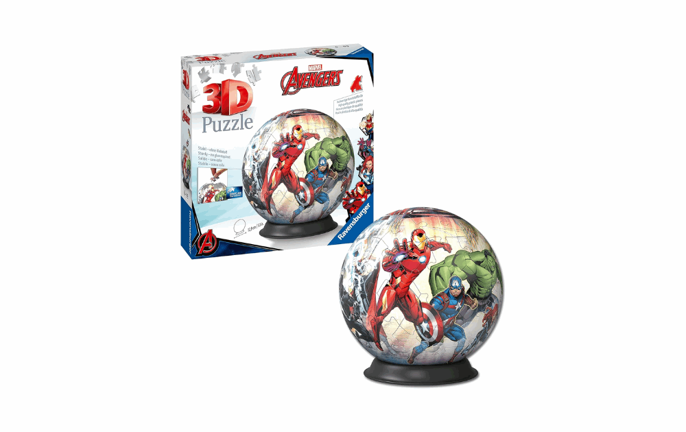 Ravensburger 3D Avengers puzzle globe displayed with vibrant superhero graphics