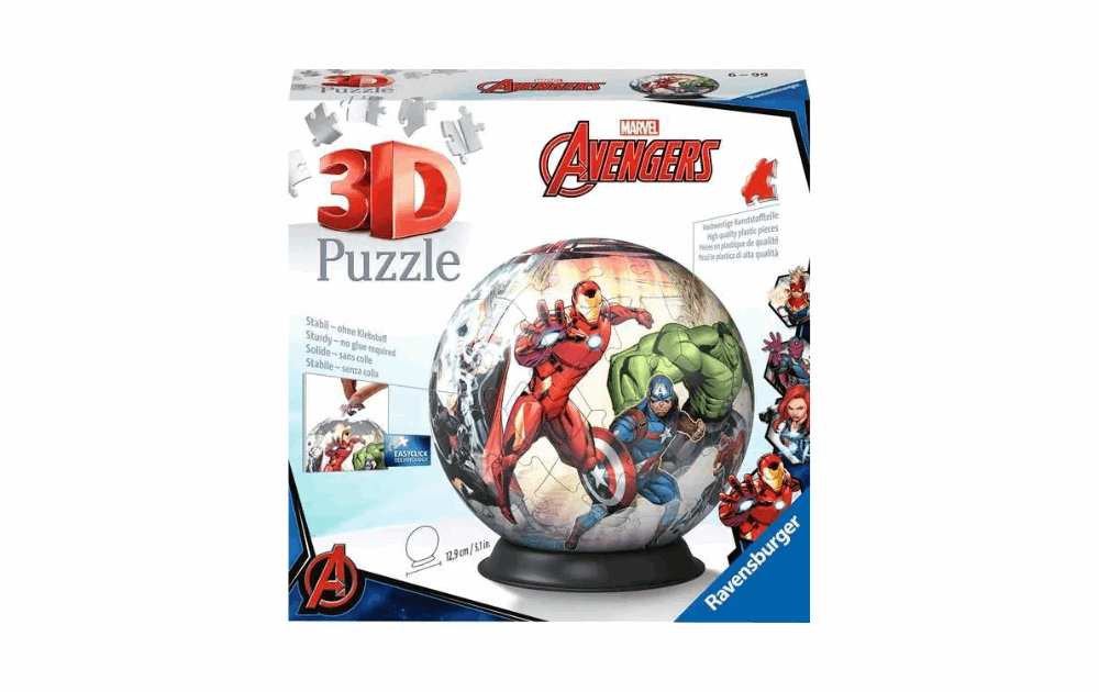 Ravensburger 3D Avengers puzzle globe featuring iconic superhero designs for a fun building experience