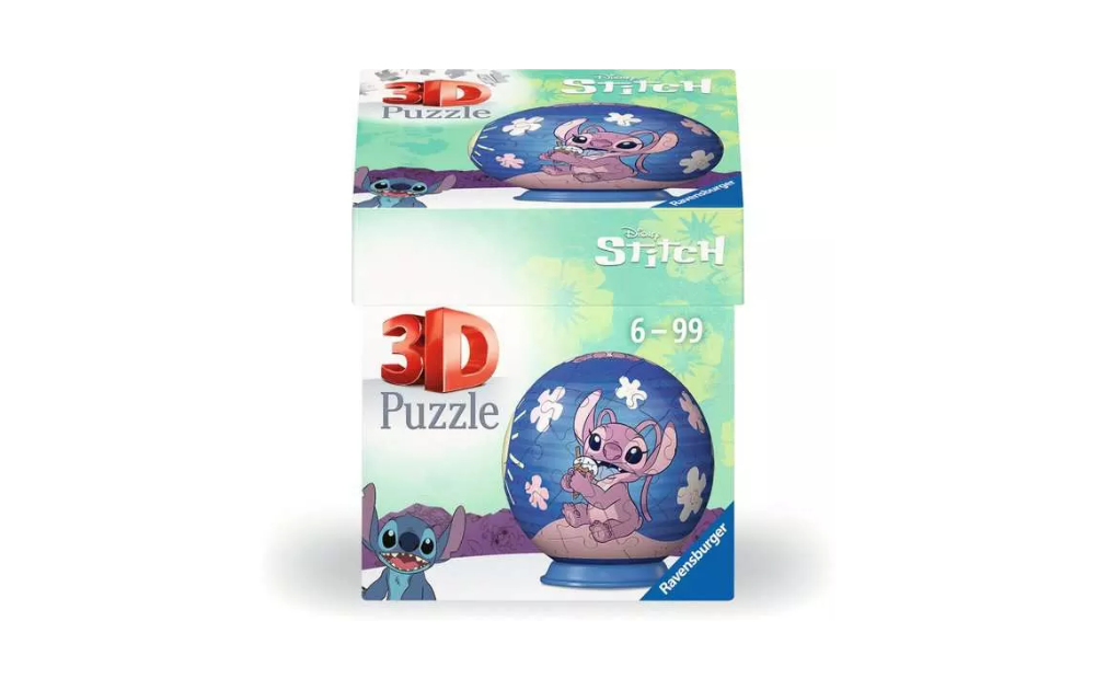 3D ball puzzle Stitch and friends by Ravensburger featuring colorful designs and 54 pieces for ages 6 to 99