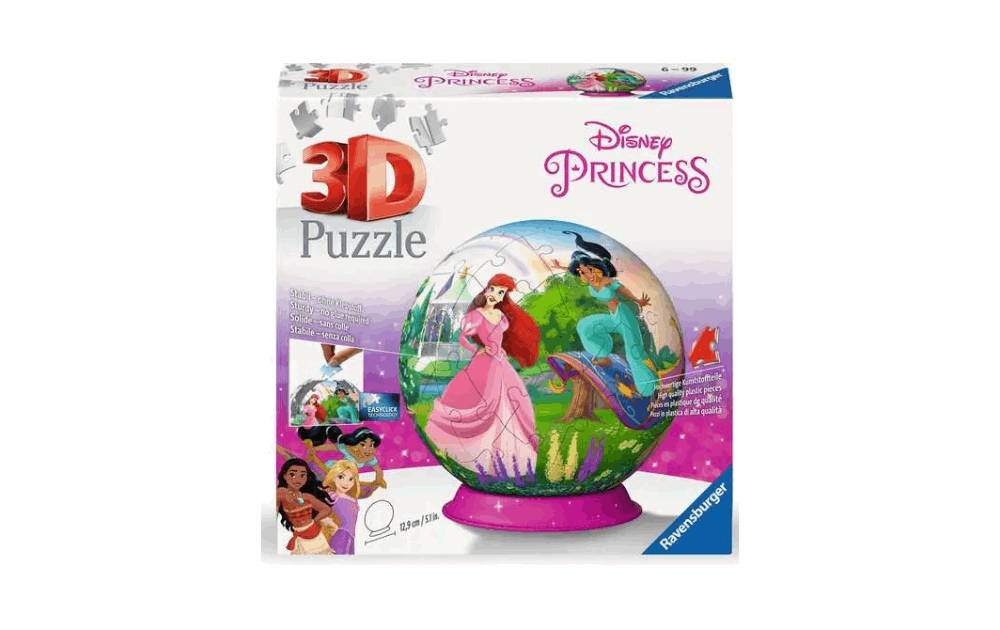 3D Disney Princess jigsaw puzzle by Ravensburger featuring colorful globe design with beloved characters