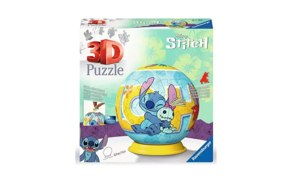 Ravensburger Disney Stitch 3D jigsaw puzzle featuring colorful design and unique globe shape for creative fun