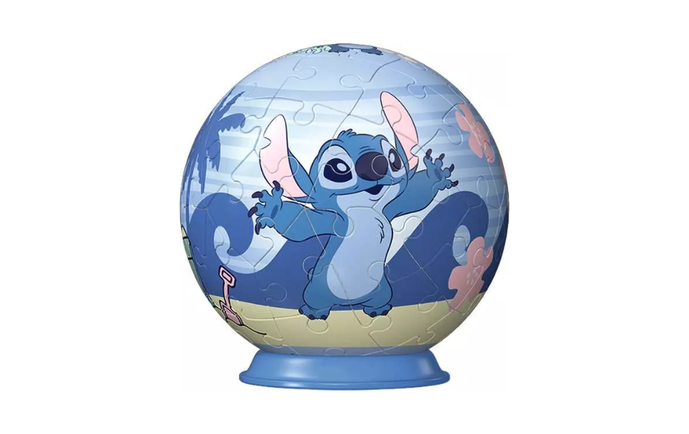 Disney Stitch 3D puzzle ball with 54 vibrant pieces featuring Stitch in a colorful scene by Ravensburger