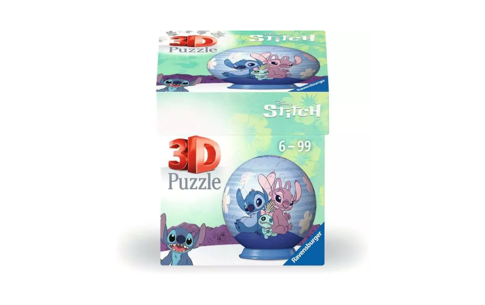 Disney Stitch Angel 3D puzzle ball by Ravensburger featuring 54 colorful pieces for fun and creativity