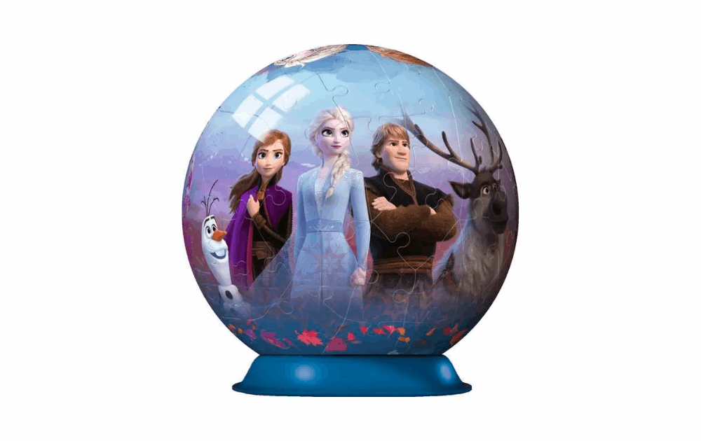 Ravensburger Frozen II 3D jigsaw puzzle globe with characters Olaf, Elsa, Kristoff, and Sven