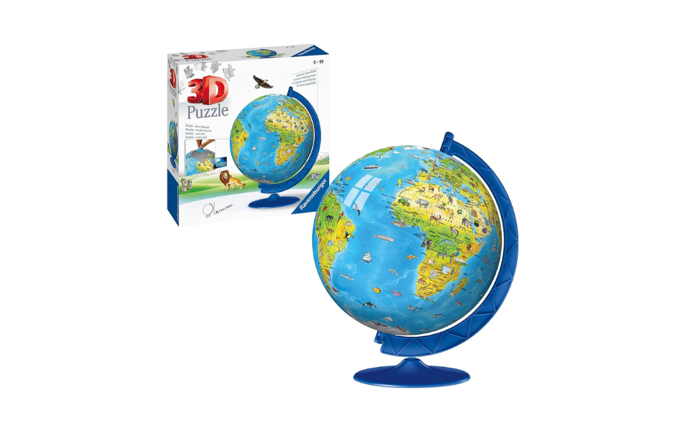 Ravensburger 3D globe jigsaw puzzle featuring colorful continents and animals for engaging educational fun