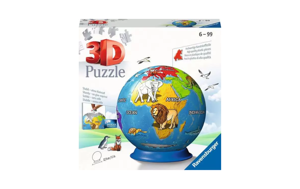 Ravensburger 3D globe jigsaw puzzle for children featuring animals and world continents