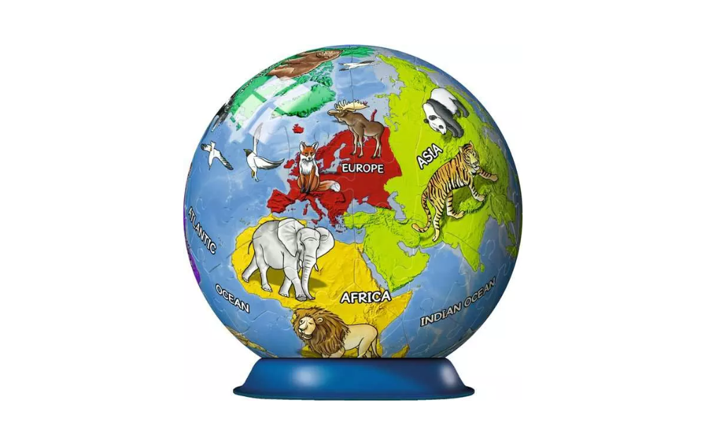 Ravensburger 3D globe jigsaw puzzle for children featuring animals and continents in vibrant colours