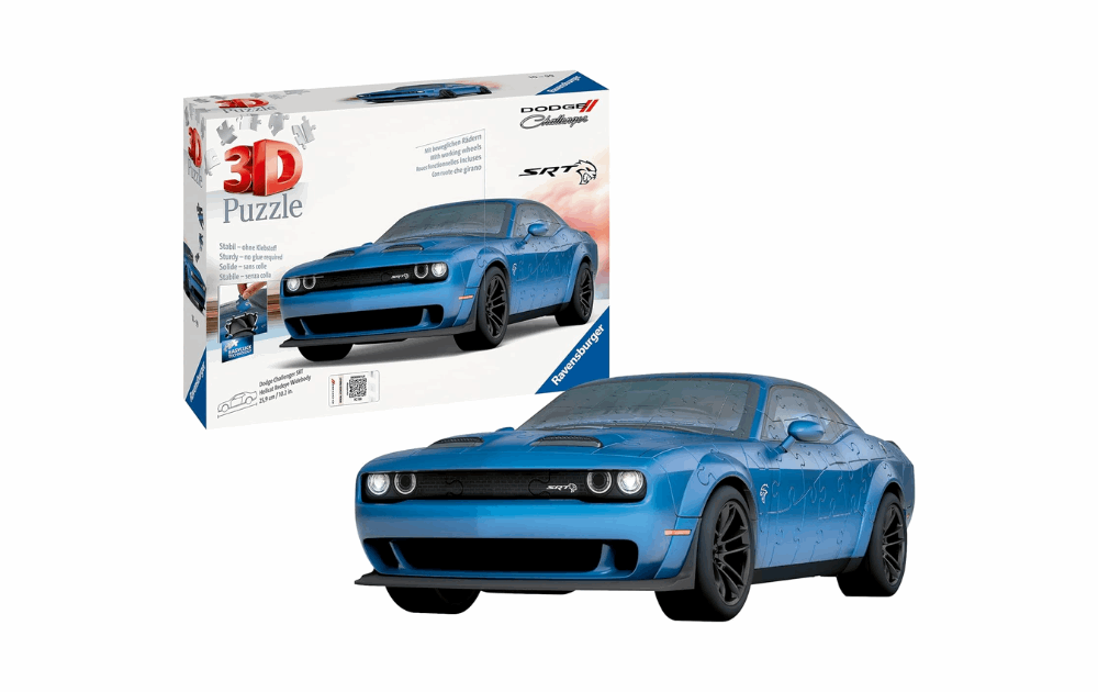 3D jigsaw puzzle Dodge Challenger Widebody Hellcat Redeye 108 pieces by Ravensburger with detailed blue car design