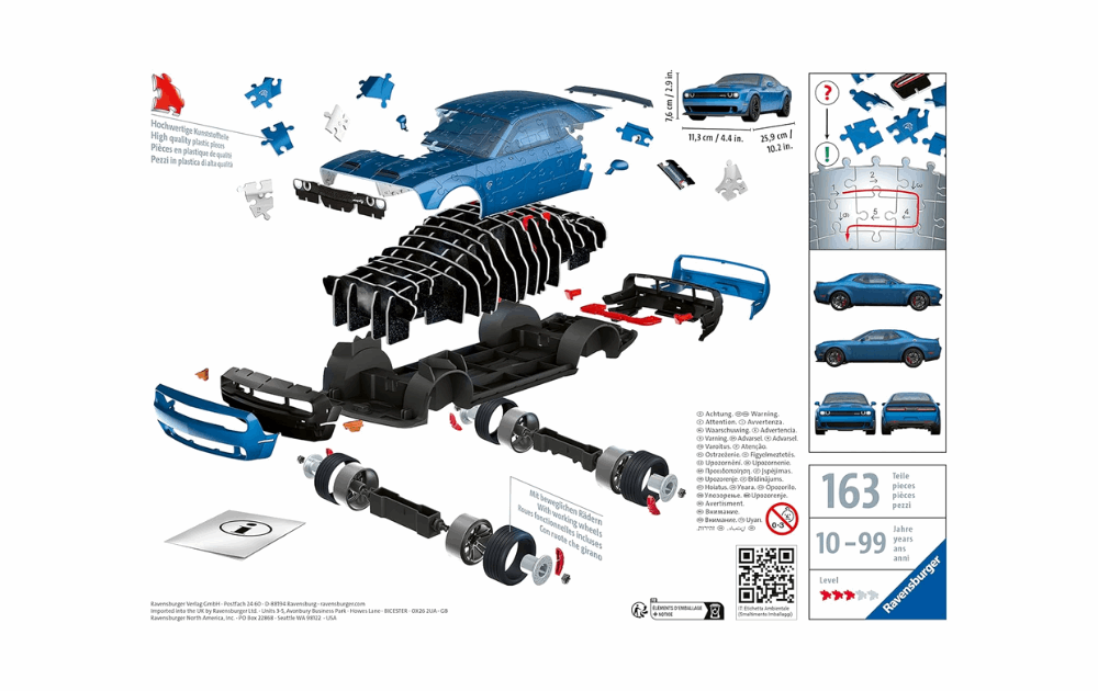 3D jigsaw puzzle Dodge Challenger Widebody Hellcat Redeye assembly pieces showing detailed car parts by Ravensburger