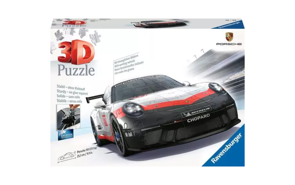 3D jigsaw puzzle Porsche 911 GT3 by Ravensburger featuring 152 detailed pieces for racing fans