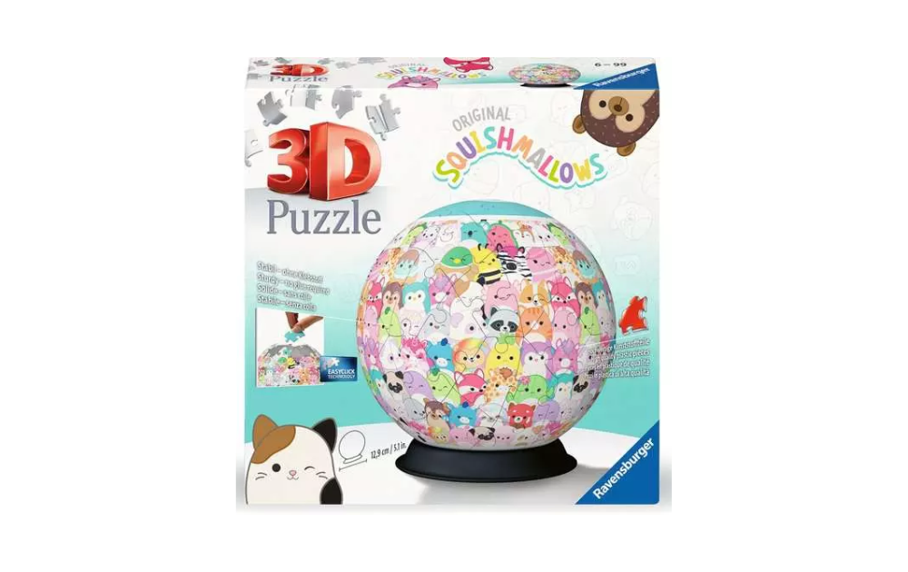 3D jigsaw puzzle Squishmallows by Ravensburger featuring colorful animal designs in 72 vibrant pieces