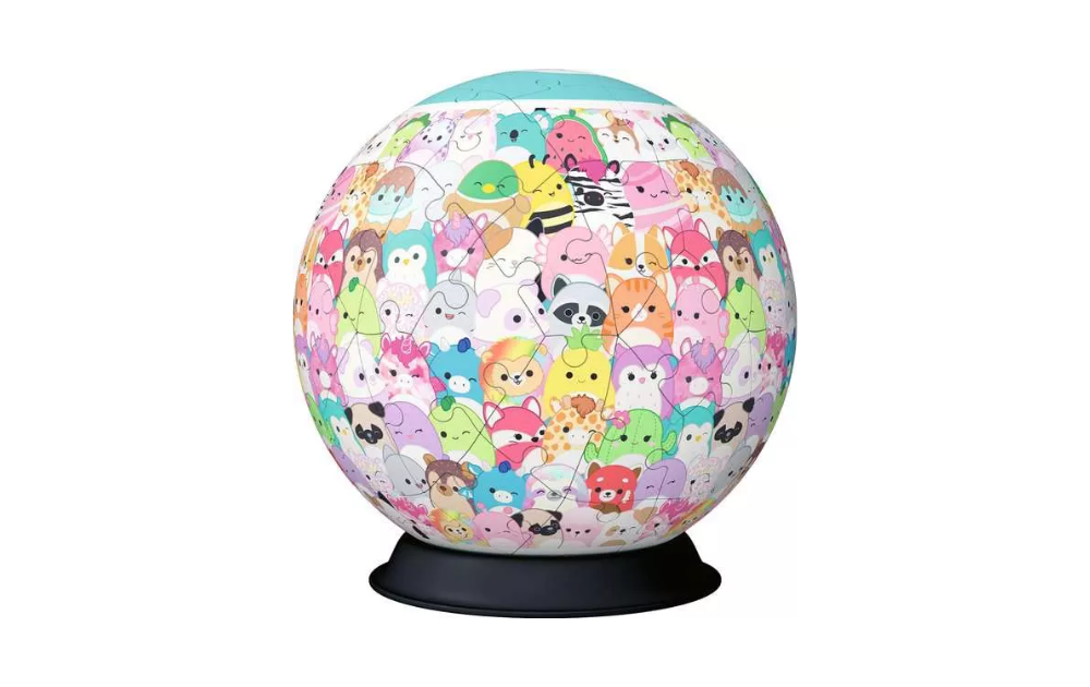 3D jigsaw puzzle Squishmallows 72-piece globe by Ravensburger featuring colorful plush characters