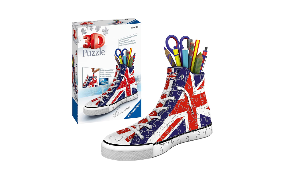 3D jigsaw puzzle Union Jack by Ravensburger featuring a colorful sneaker design with 108 pieces