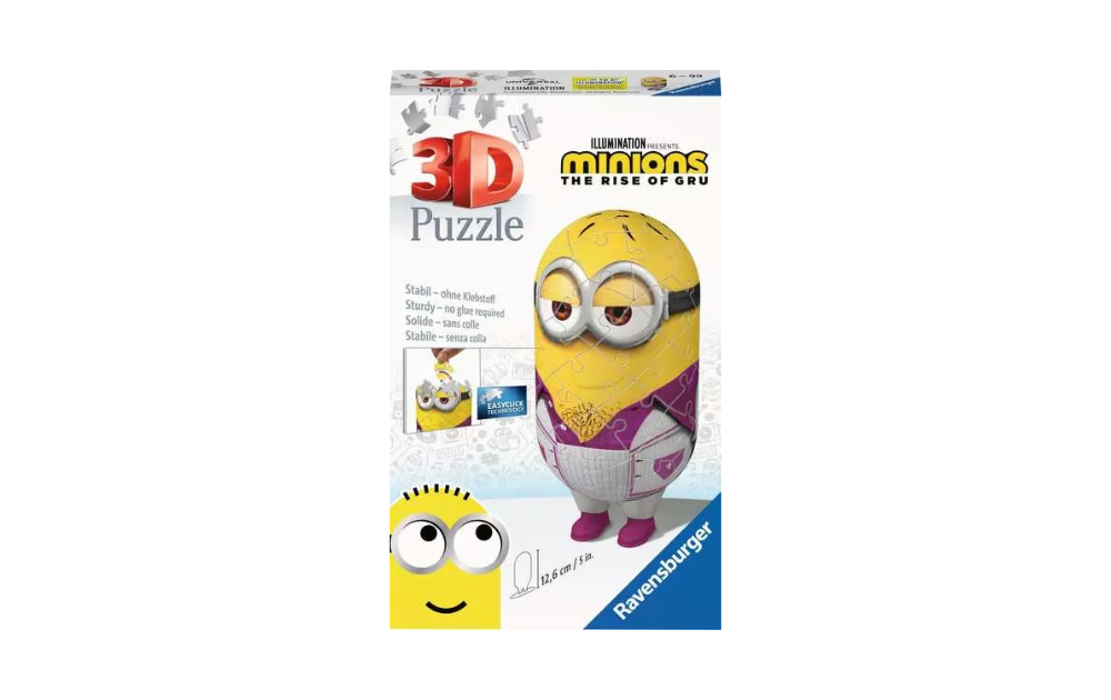 3D Minions puzzle featuring 54 pieces and shaped like a disco, created by Ravensburger