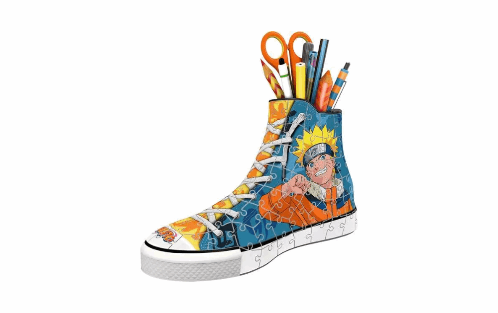Naruto 3D jigsaw puzzle featuring a sneaker design with vibrant colors and character graphics