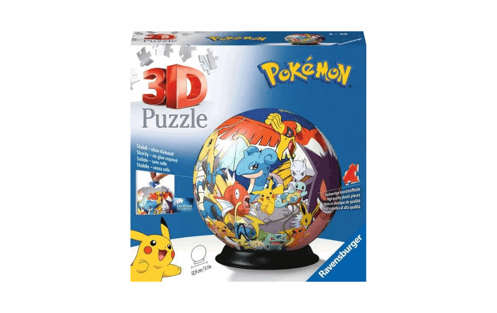 Ravensburger 3D Pokemon jigsaw puzzle featuring iconic characters in a globe design
