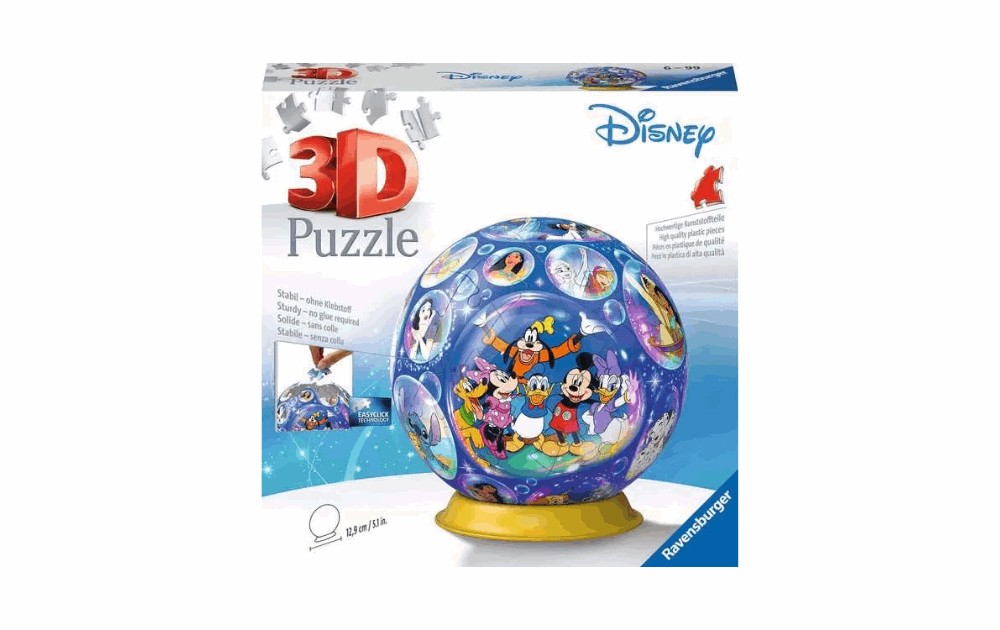 Ravensburger Disney globe puzzle 72 pieces 3D jigsaw featuring colorful Disney characters