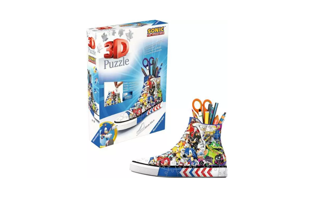 Ravensburger 3D Sonic the Hedgehog jigsaw puzzle high top trainer pen holder assembled