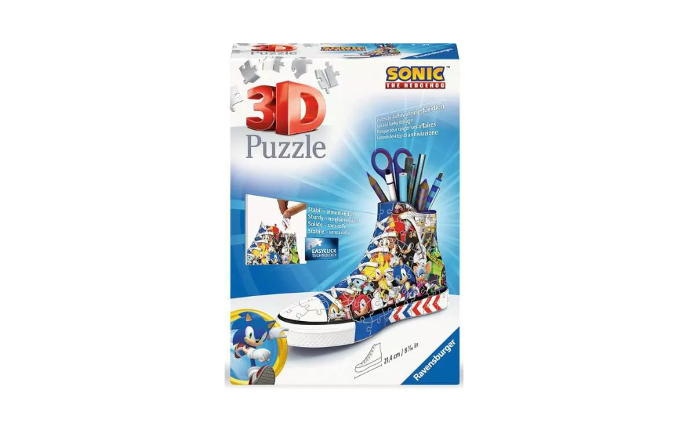Ravensburger 3D Sonic the Hedgehog jigsaw puzzle colourful assembled sneaker pencil pot display kit